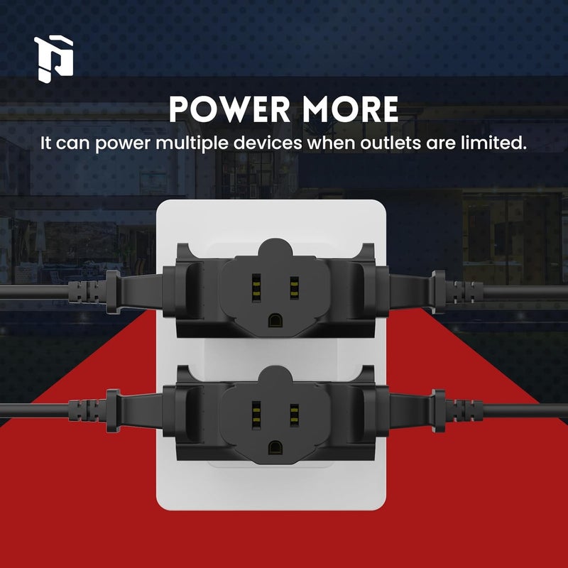PLUGTUL 3 Way Plug Adapter, 3 Plug Wall Adapter, 3 Prong, Grounded, 15A, 1875W, Multiple Plug Expander for Home, Outdoor, ETL Listed, Black, 3PACK - Image 4